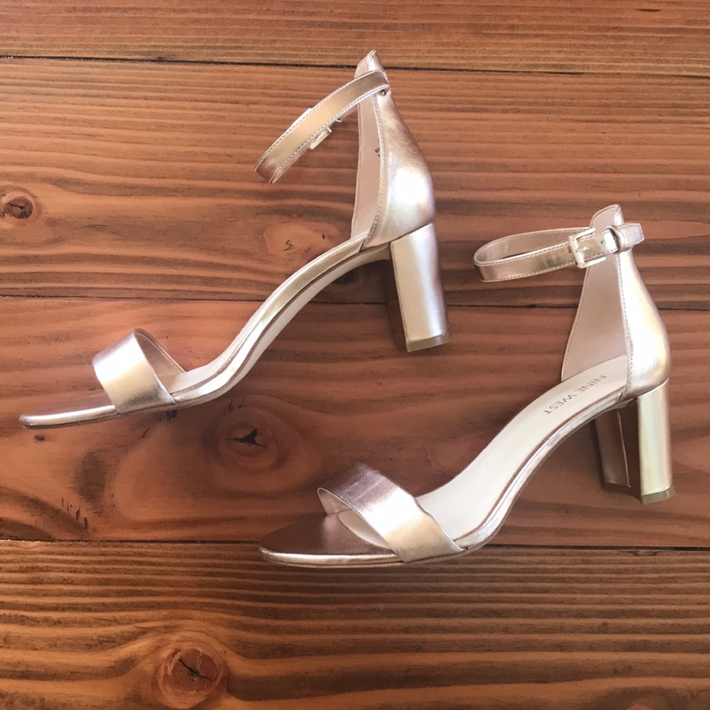 Nine West rose gold ankle strap block heel